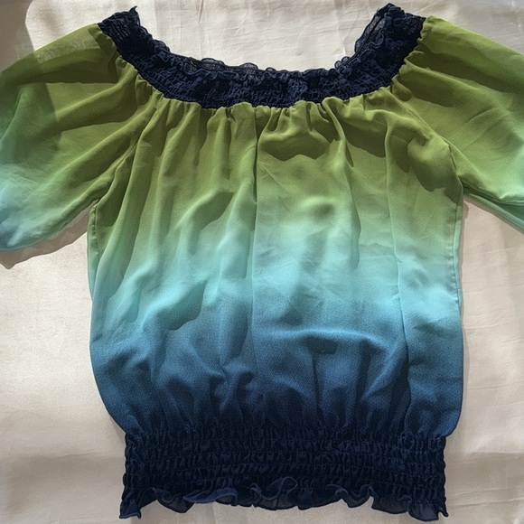 Smocked Trim Ombré Off Shoulder Top Gradient Green Blue Ruffled 3/4 Sleeve Sz M - Picture 5 of 9